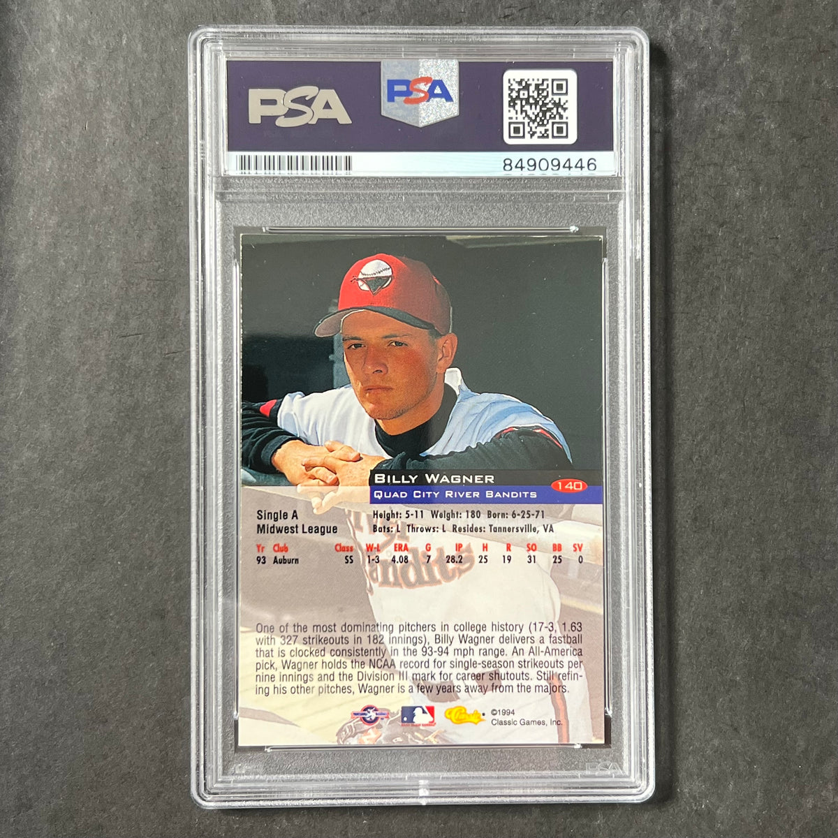 1994 Classic Games #140 Billy Wagner Signed Card PSA/DNA Auto