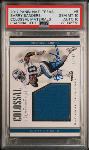 2017 Panini National Treasures Colossal Materials #5 Barry Sanders Signed Card PSA 10 AUTO 10 Slabbed Lions