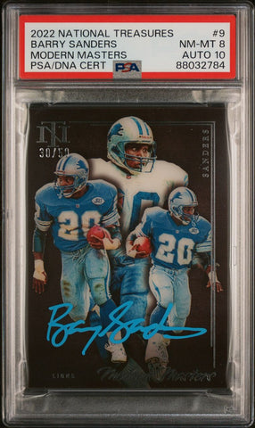 2022 National Treasures Modern Masters #9 Barry Sanders Signed PSA NM-MT 8 AUTO 10 Slabbed Lions