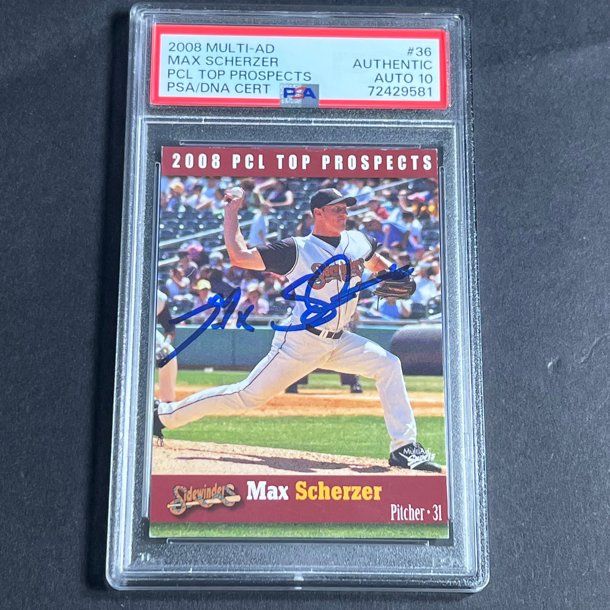 2008 Multi-ad PCL Top Prospects #36 Max Scherzer Signed Card PSA