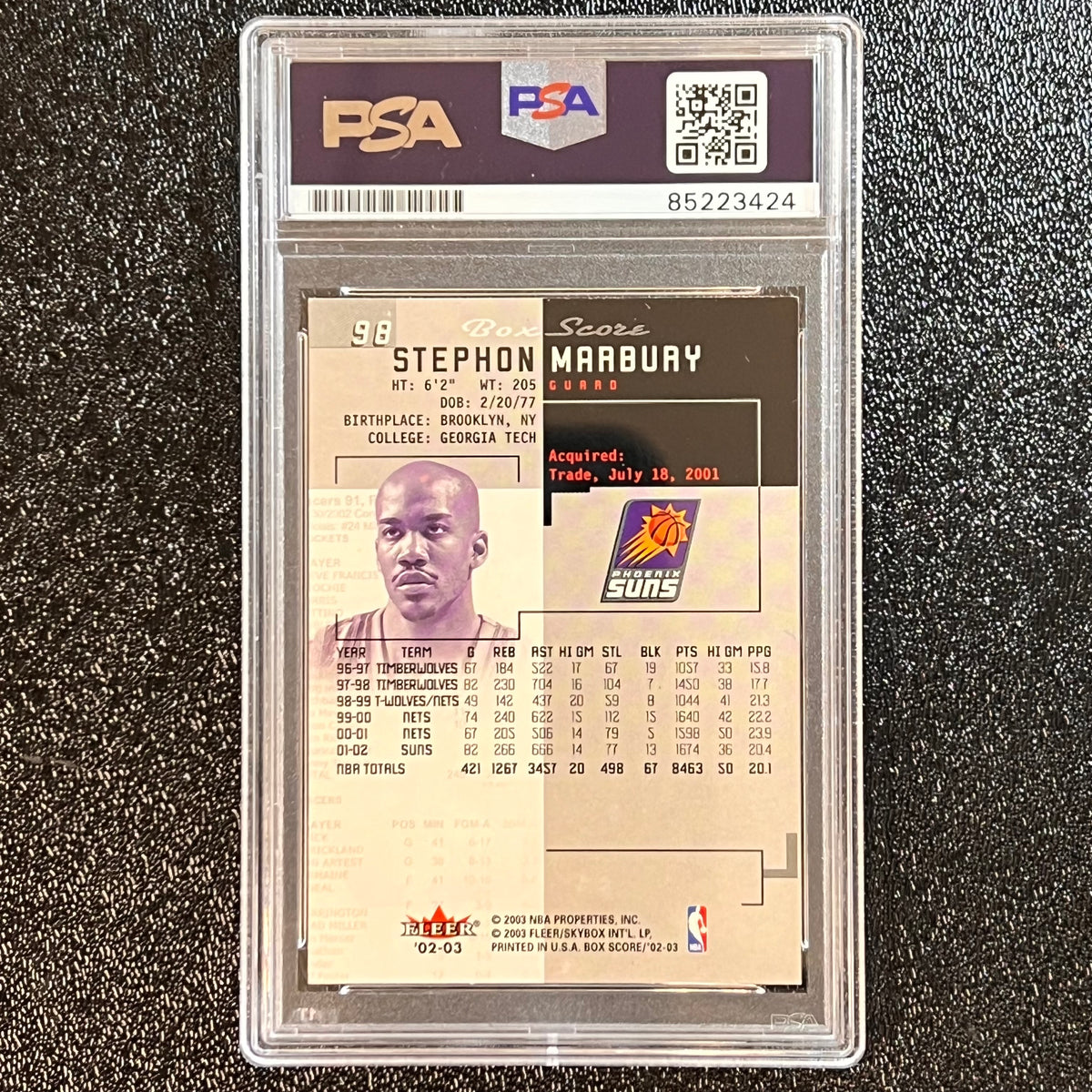 2002-03 Fleer Box Score #98 Stephon Marbury Signed Card AUTO PSA 