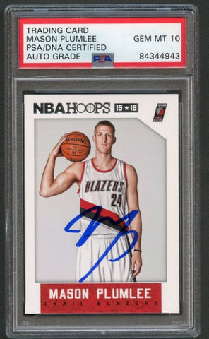 2015-16 NBA Hoops #174 Mason Plumlee Signed Card AUTO 10 PSA Slabbed Blazers