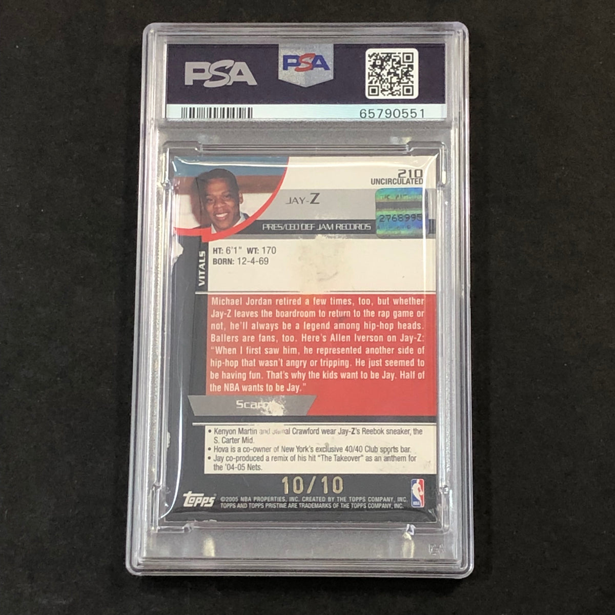 2005-06 TOPPS PRISTINE UNCIRCULATED #210 Jay-Z Signed Card PSA/DNA