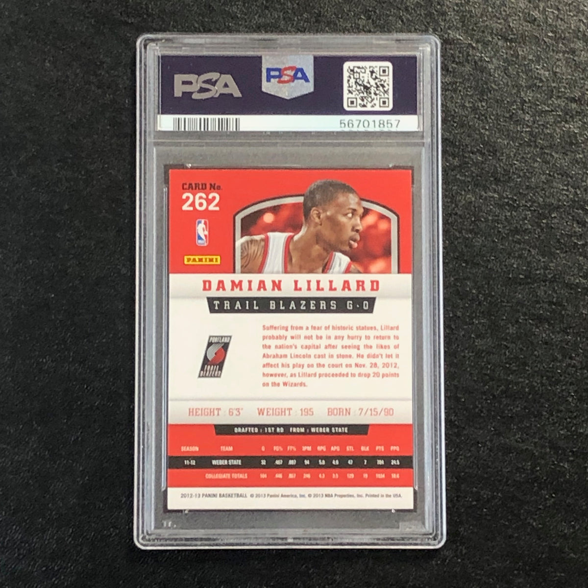 2012 Panini #262 Damian Lillard PSA 9 Mint Trail blazers