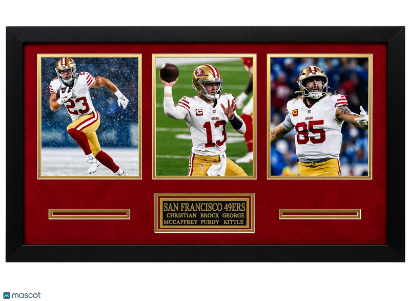 Christian McCaffrey, Brock Purdy, George Kittle SF 49ers 3-Photo Display 20x32