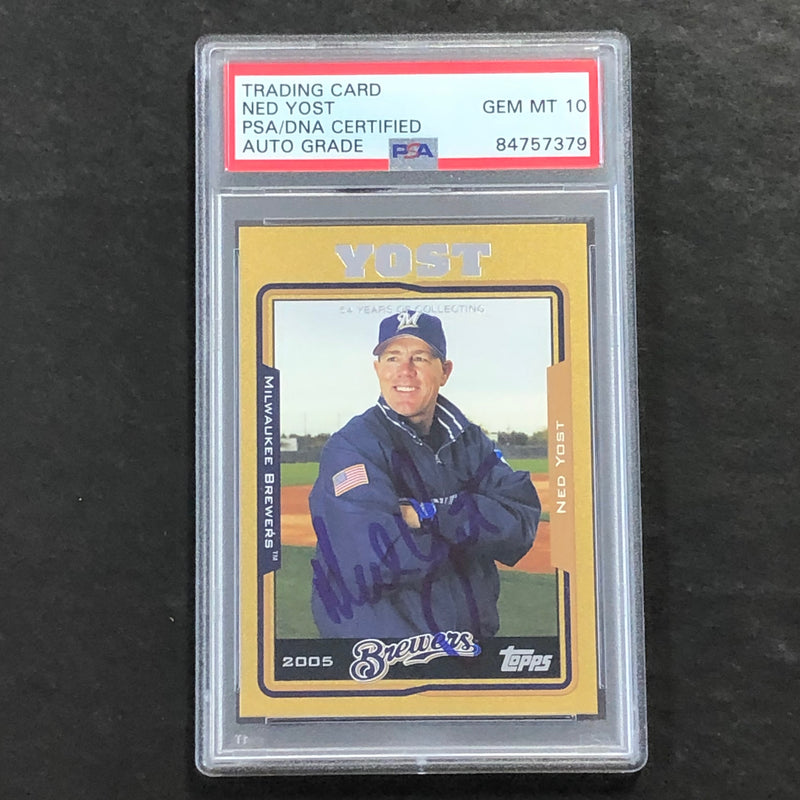 2005 Topps #282 Ned Yost Signed Card AUTO 10 PSA Slabbed Brewers