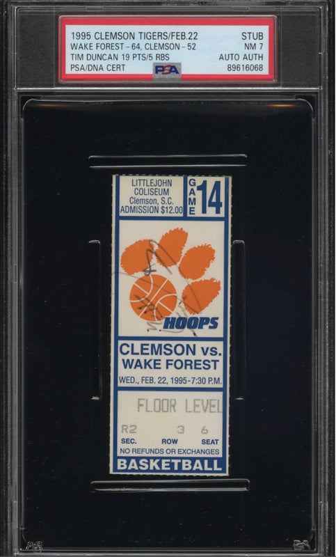 Tim Duncan Signed Ticket PSA NM 7 AUTO AUTH 1995 Wake Forest vs Clemson