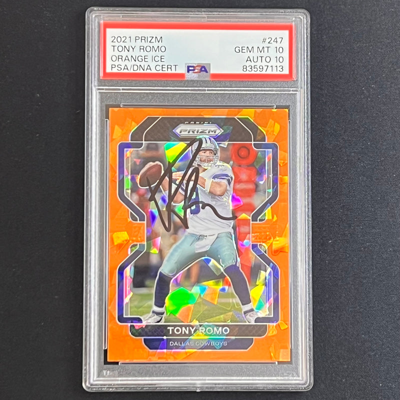 2021 Panini Prizm Orange Ice #247 Tony Romo Signed Card PSA 10 Auto 10 Slabbed Cowboys