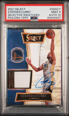 2021 Panini Select Selective Swatch #SSSCY Stephen Curry Signed PSA MINT 9 AUTO 10 PSA Slabbed Warriors