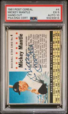 1961 Post Cereal Hand Cut #4 Mickey Mantle Signed Card PSA Ex 5 Slabbed AUTO 10 Yankees