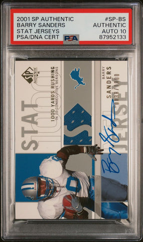 2001 SP Authentic Stat Jerseys #SP-BS Barry Sanders Signed PSA Authentic AUTO 10 Slabbed Lions