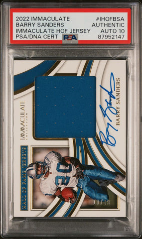 2022 Immaculate HOF Jersey #IHOFBSA Barry Sanders Signed PSA Authentic AUTO 10 Slabbed Lions