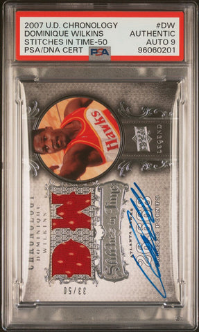 2007 Upper Deck Chronology Stitches In Time-50 #DW Dominique Wilkins Signed Card AUTO 9 PSA Slabbed Hawks