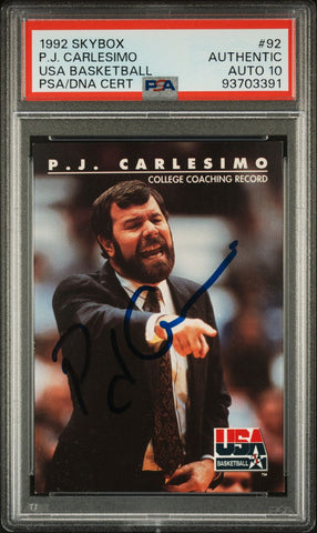 1992 Skybox #92 P.J. Carlesimo Signed Card PSA AUTO 10 Slabbed USA Basketball