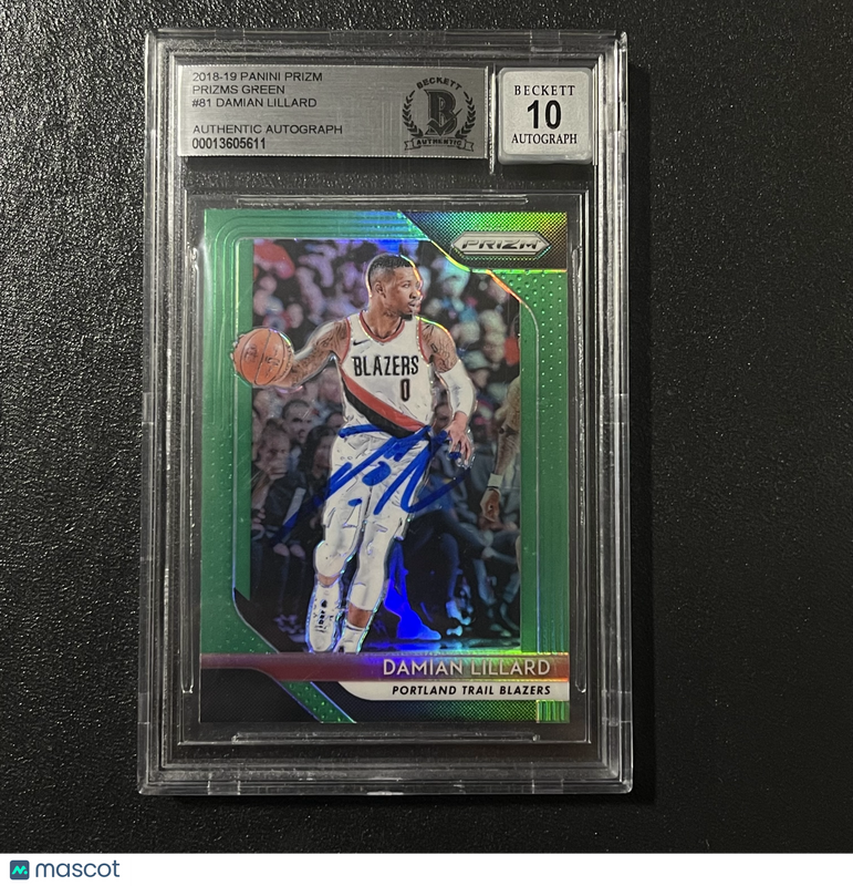 2018-19 Panini Prizm Prizms Green #81 Damian Lillard Signed Card BAS Auto 10 Slabbed Blazers