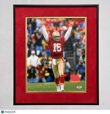 Joe Montana Signed San Francisco 49ers Football 11x14 Custom Framed Photo PSA