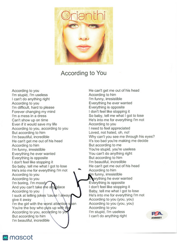 Orianthi Signed 8.5x11 Lyric Sheet Photo PSA Autographed According to You
