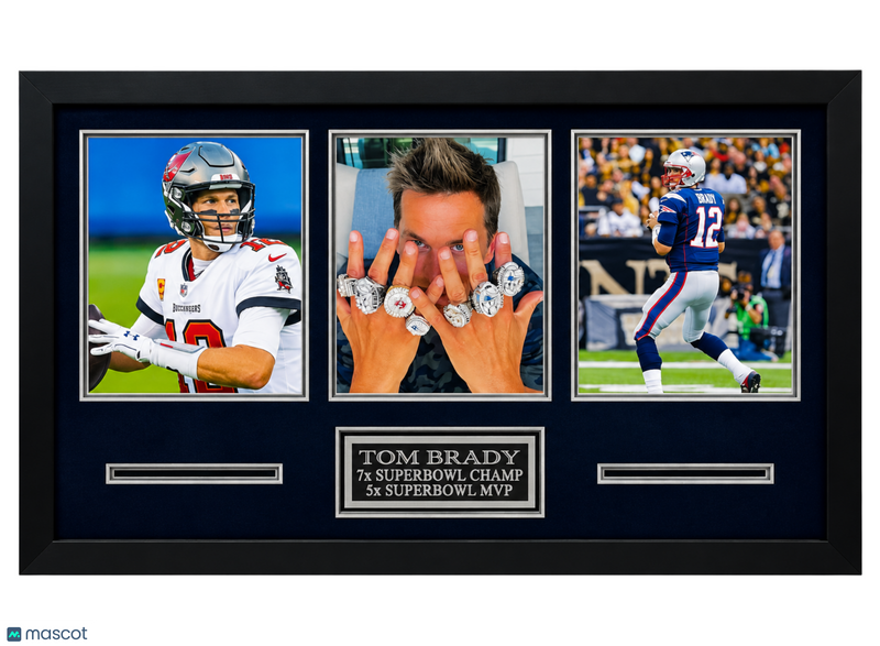 Tom Brady Signed TB Buccaneers & NE Patriots Football 3-Photo Display 20" x 32"
