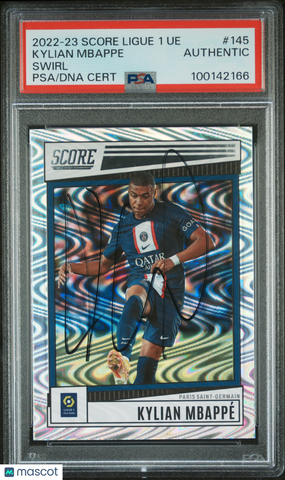 2022 Score Ligue 1 UE Swirl#145 Kylian Mbappe Signed Card PSA A Auto A
