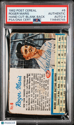 Roger Maris 1962 Post Cereal Hand Cut Blank Back#6 Signed Card PSA A Auto 9 Auto