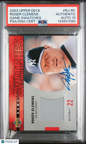 2003 Upper Deck Game Swatches #RJ-RC Roger Clemens  Signed Card Auto 10 PSA Yank