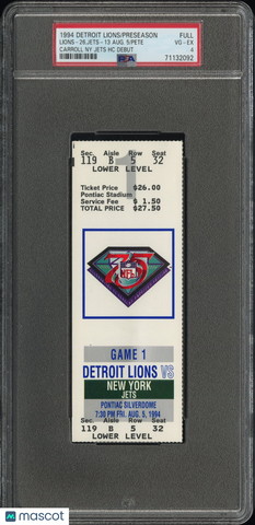 1994 Detroit Lions-Full Carroll Ny Jets HC Debut PSA 4