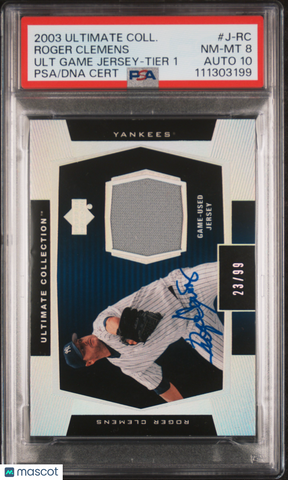 2003 Ult Col Ult Gm Jrsy #J-RC Roger Clemens Tr 1 23/99 signed PSA 8 Auto 10