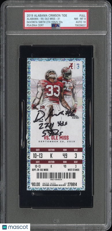 2019 Alabama Crimson Tide 5 TDS 274 Yd Devonta Smith Signed Ticket PSA 8 Auto 10