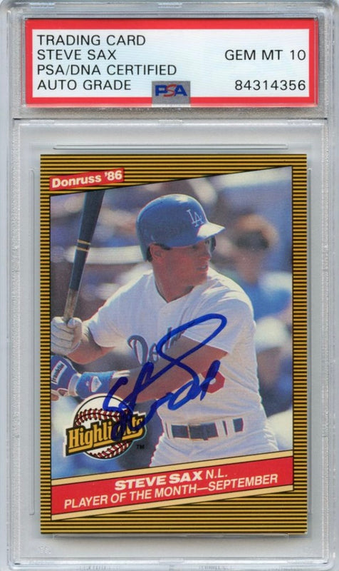 1986 Donruss Highlights #50 Steve Sax Signed Card AUTO 10 PSA Slabbed