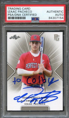 2020 Leaf Perfect Game Izaac Pacheco Signed Card AUTO PSA Slabbed